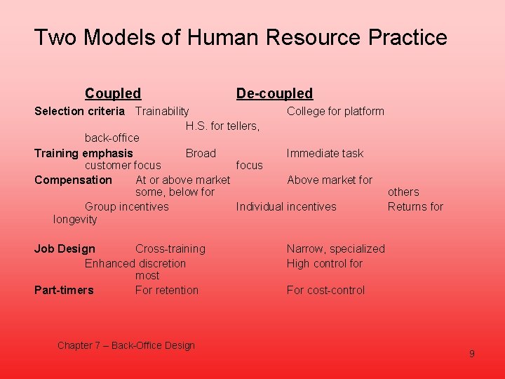 Two Models of Human Resource Practice Coupled De-coupled Selection criteria Trainability College for platform