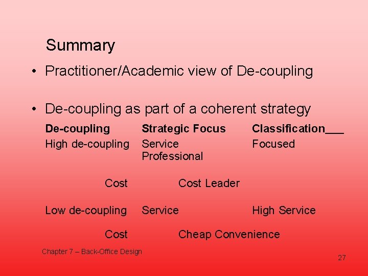 Summary • Practitioner/Academic view of De-coupling • De-coupling as part of a coherent strategy