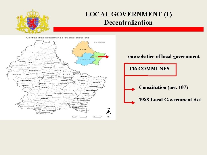 LOCAL GOVERNMENT (1) Decentralization one sole tier of local government 116 COMMUNES Constitution (art.