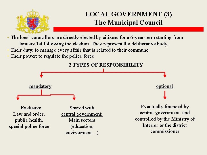 LOCAL GOVERNMENT (3) The Municipal Council • The local councillors are directly elected by