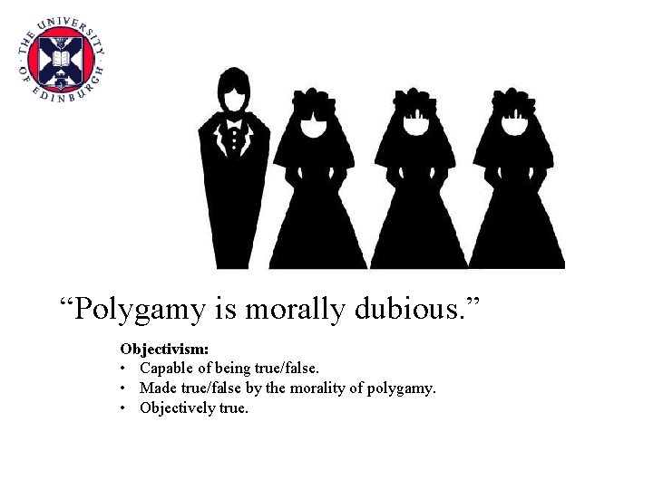 “Polygamy is morally dubious. ” Objectivism: • Capable of being true/false. • Made true/false