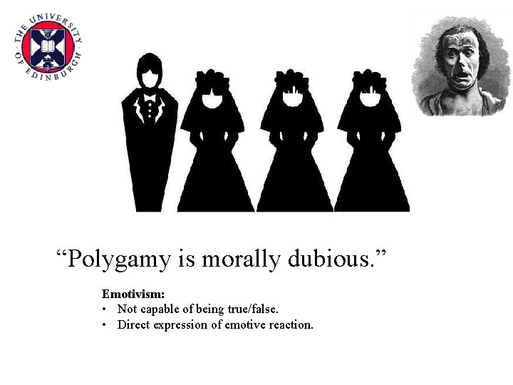 “Polygamy is morally dubious. ” Emotivism: • Not capable of being true/false. • Direct