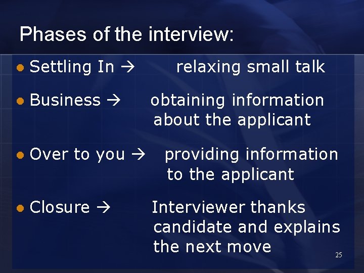 Phases of the interview: l Settling In l Business l Over to you l