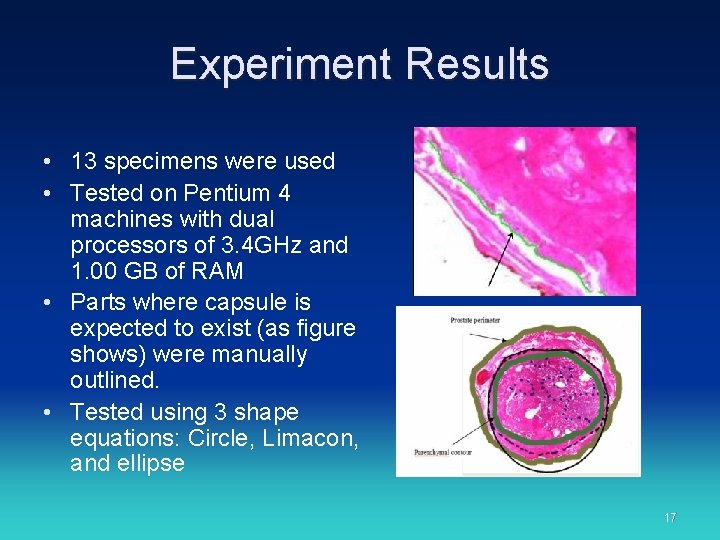 Experiment Results • 13 specimens were used • Tested on Pentium 4 machines with