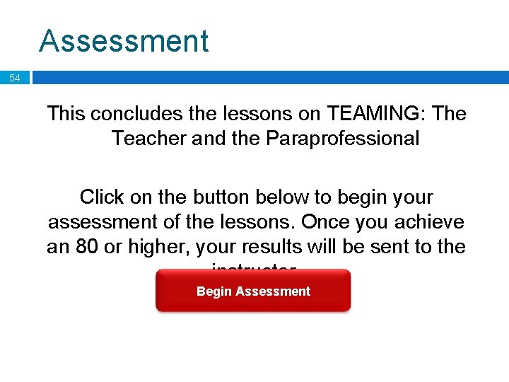 Assessment 54 This concludes the lessons on TEAMING: The Teacher and the Paraprofessional Click
