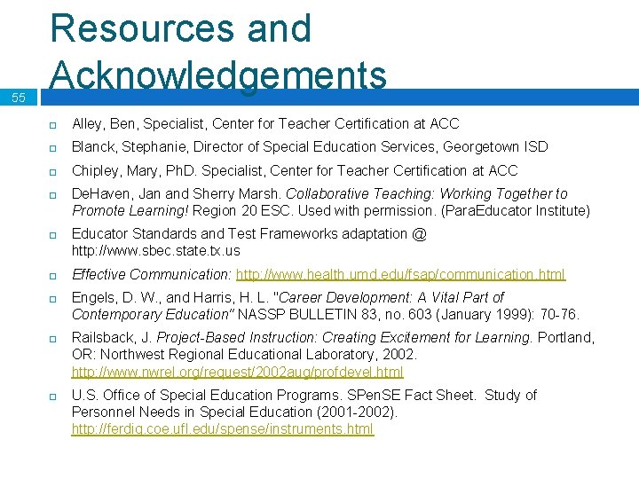 55 Resources and Acknowledgements Alley, Ben, Specialist, Center for Teacher Certification at ACC Blanck,