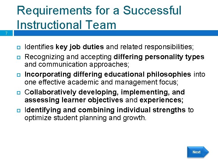7 Requirements for a Successful Instructional Team Identifies key job duties and related responsibilities;