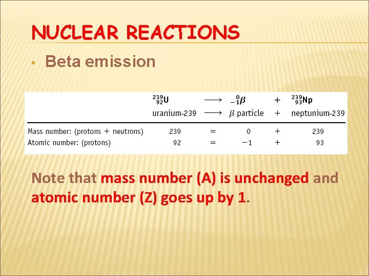 NUCLEAR REACTIONS • Beta emission Note that mass number (A) is unchanged and atomic