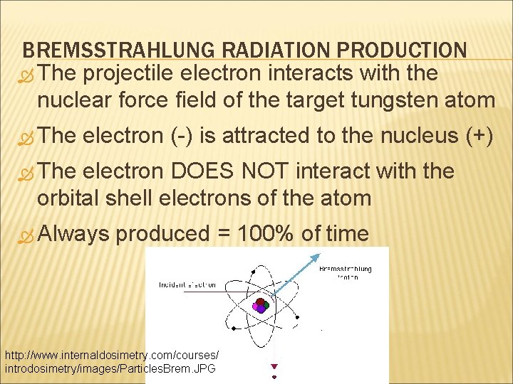 BREMSSTRAHLUNG RADIATION PRODUCTION The projectile electron interacts with the nuclear force field of the