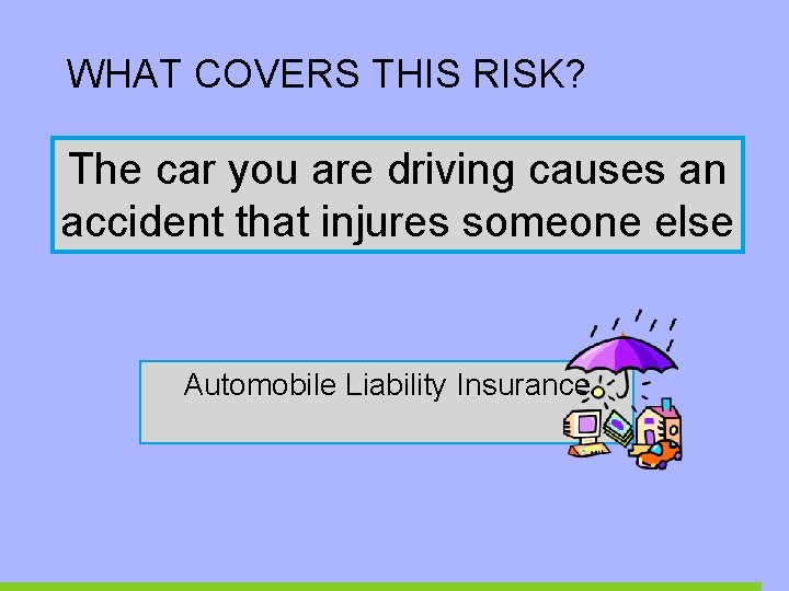 WHAT COVERS THIS RISK? The car you are driving causes an accident that injures