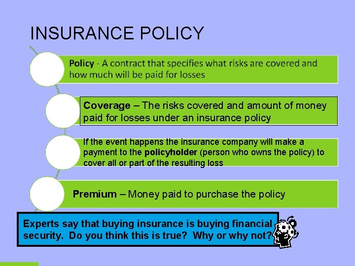 INSURANCE POLICY Coverage – The risks covered and amount of money paid for losses