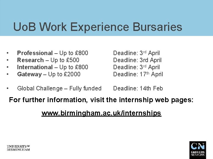 Uo. B Work Experience Bursaries • • Professional – Up to £ 800 Research
