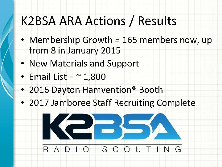 K 2 BSA ARA Actions / Results • Membership Growth = 165 members now,