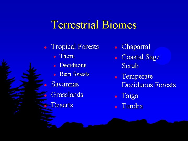 Terrestrial Biomes l Tropical Forests l l l Thorn Deciduous Rain forests Savannas Grasslands
