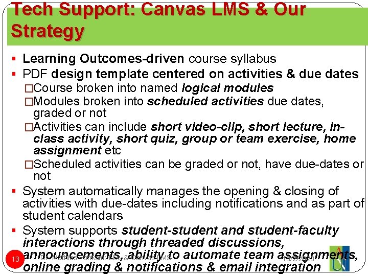 Tech Support: Canvas LMS & Our Strategy § Learning Outcomes-driven course syllabus § PDF