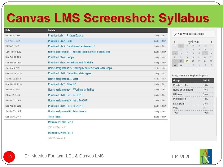 Canvas LMS Screenshot: Syllabus 19 Dr. Mathias Fonkam: LDL & Canvas LMS 10/2/2020 