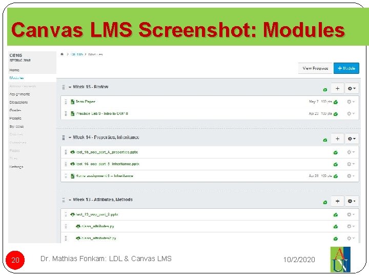 Canvas LMS Screenshot: Modules 20 Dr. Mathias Fonkam: LDL & Canvas LMS 10/2/2020 