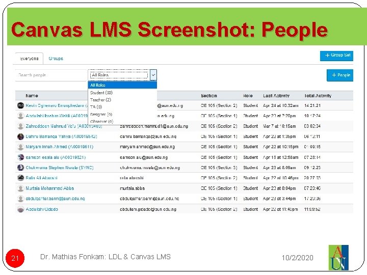 Canvas LMS Screenshot: People 21 Dr. Mathias Fonkam: LDL & Canvas LMS 10/2/2020 