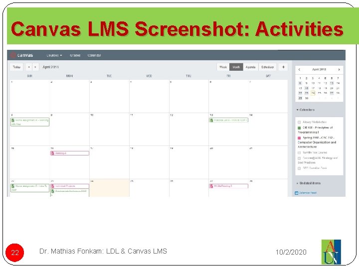 Canvas LMS Screenshot: Activities 22 Dr. Mathias Fonkam: LDL & Canvas LMS 10/2/2020 