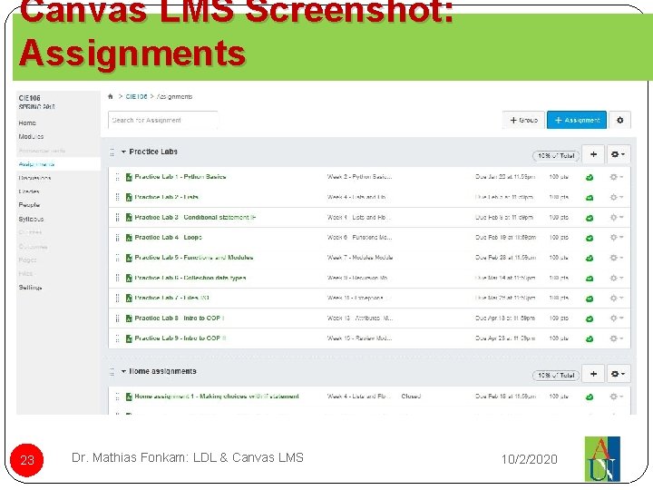 Canvas LMS Screenshot: Assignments 23 Dr. Mathias Fonkam: LDL & Canvas LMS 10/2/2020 