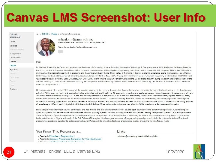 Canvas LMS Screenshot: User Info 24 Dr. Mathias Fonkam: LDL & Canvas LMS 10/2/2020