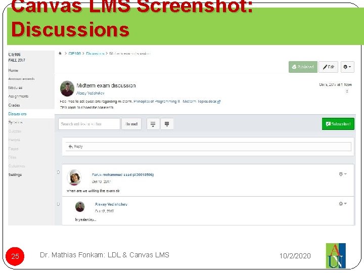 Canvas LMS Screenshot: Discussions 25 Dr. Mathias Fonkam: LDL & Canvas LMS 10/2/2020 