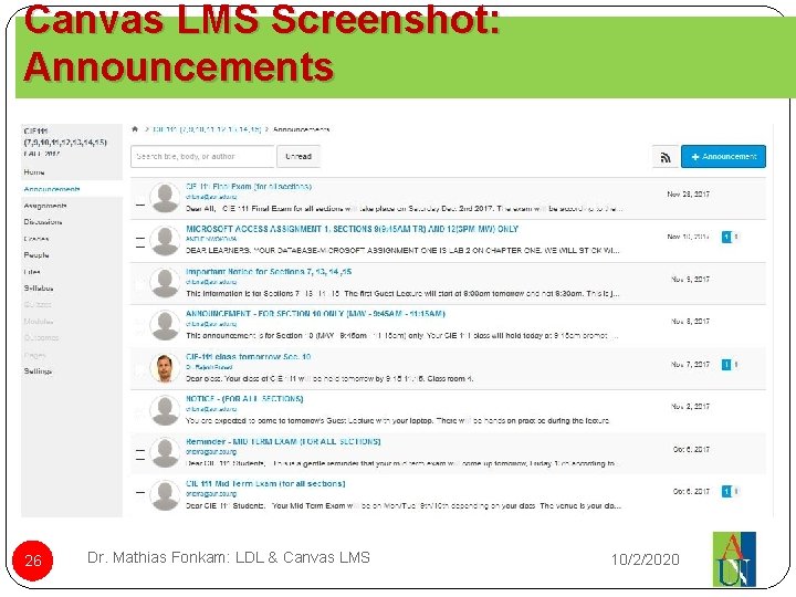 Canvas LMS Screenshot: Announcements 26 Dr. Mathias Fonkam: LDL & Canvas LMS 10/2/2020 