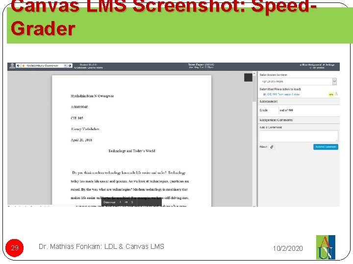 Canvas LMS Screenshot: Speed. Grader 29 Dr. Mathias Fonkam: LDL & Canvas LMS 10/2/2020