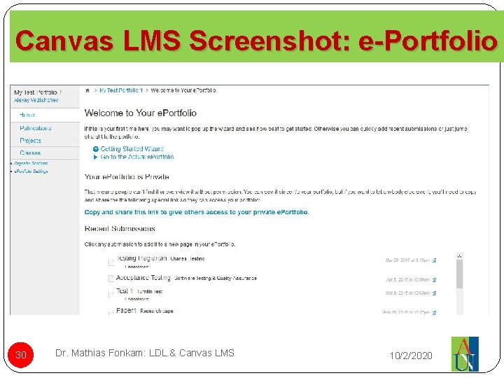 Canvas LMS Screenshot: e-Portfolio 30 Dr. Mathias Fonkam: LDL & Canvas LMS 10/2/2020 