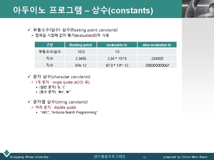 아두이노 프로그램 – 상수(constants) LOGO ü 부동소수(실수) 상수(floating point constants) • 컴파일 시점에 값이