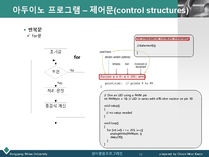 아두이노 프로그램 – 제어문(control structures)LOGO § 반복문 ü for문 for (initialization; condition; increment) {