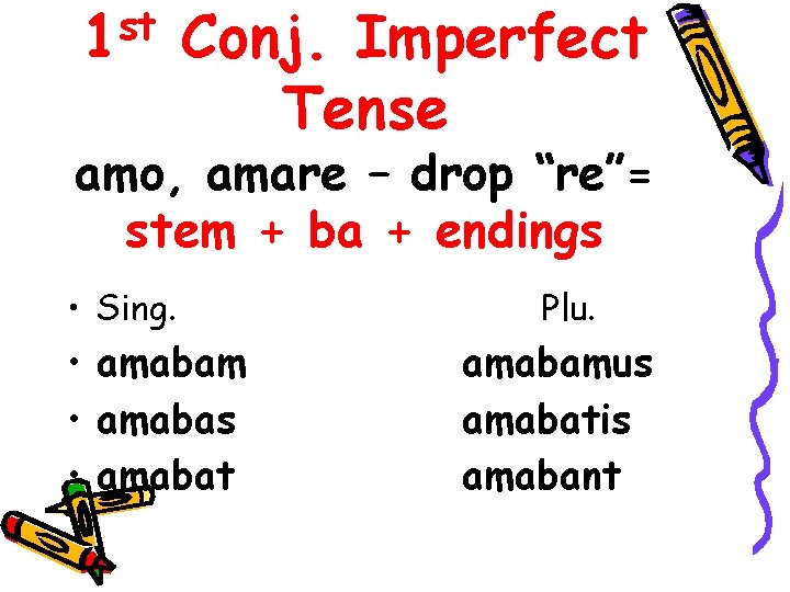 st 1 Conj. Imperfect Tense amo, amare – drop “re”= stem + ba +