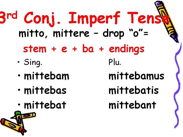 rd 3 Conj. Imperf Tense mitto, mittere – drop “o”= stem + e +