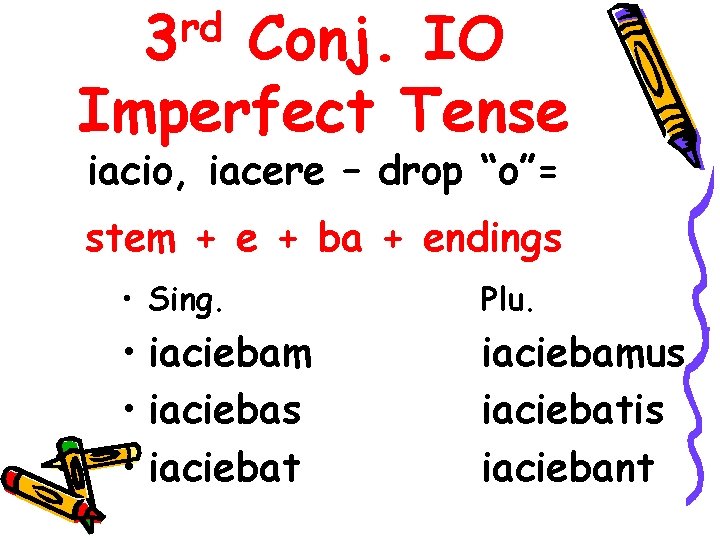 rd 3 Conj. IO Imperfect Tense iacio, iacere – drop “o”= stem + e