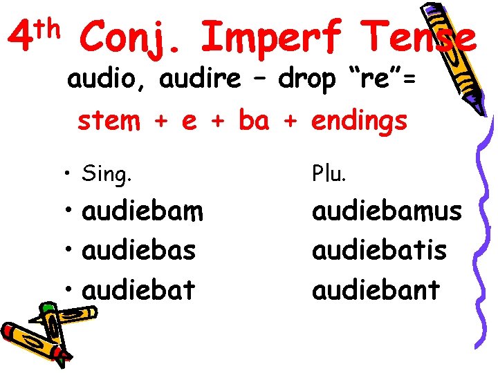 th 4 Conj. Imperf Tense audio, audire – drop “re”= stem + e +