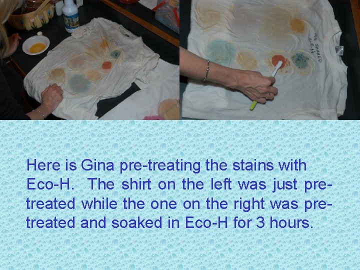 Here is Gina pre-treating the stains with Eco-H. The shirt on the left was
