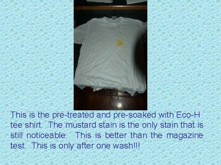 This is the pre-treated and pre-soaked with Eco-H tee shirt. The mustard stain is