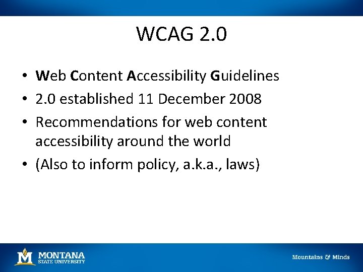 WCAG 2. 0 • Web Content Accessibility Guidelines • 2. 0 established 11 December