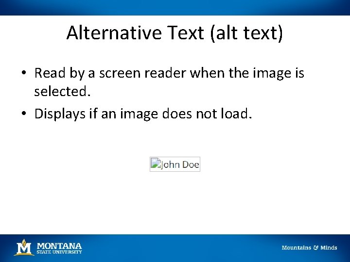 Alternative Text (alt text) • Read by a screen reader when the image is