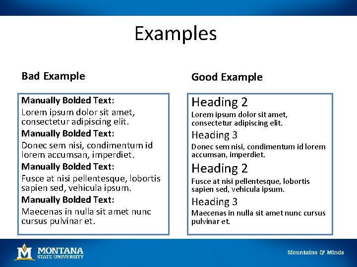 Examples Bad Example Good Example Manually Bolded Text: Lorem ipsum dolor sit amet, consectetur