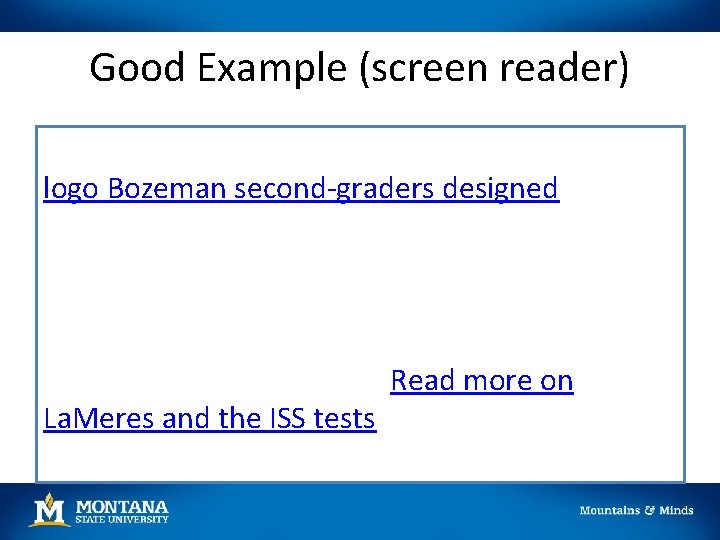 Good Example (screen reader) Data from the prototype, which bears a logo Bozeman second-graders