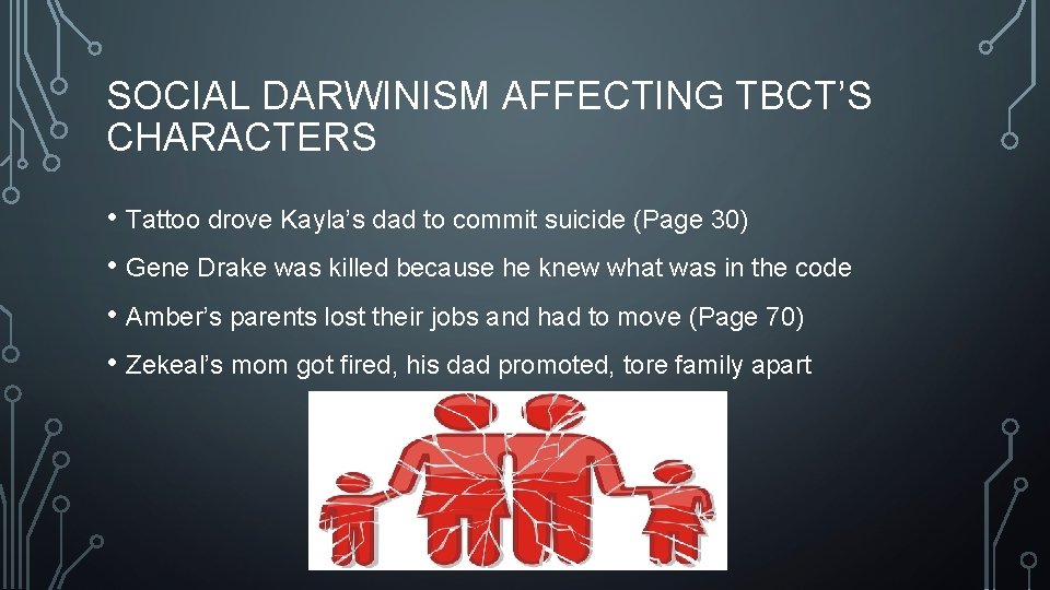 SOCIAL DARWINISM AFFECTING TBCT’S CHARACTERS • Tattoo drove Kayla’s dad to commit suicide (Page