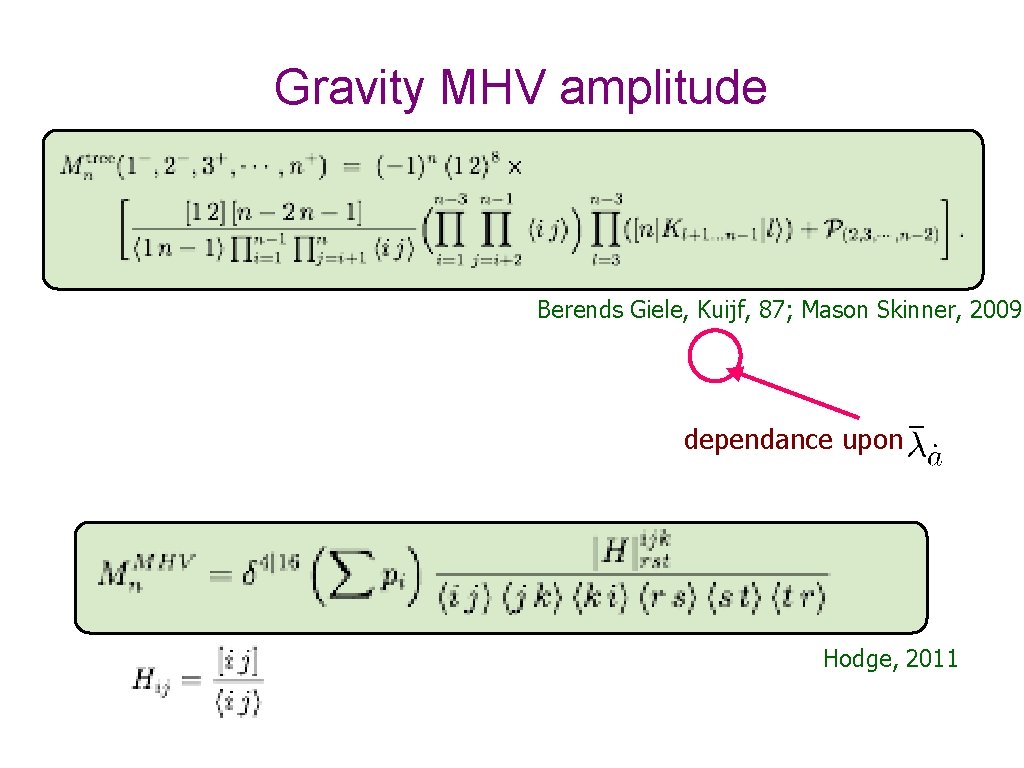 Gravity MHV amplitude Berends Giele, Kuijf, 87; Mason Skinner, 2009 dependance upon Hodge, 2011
