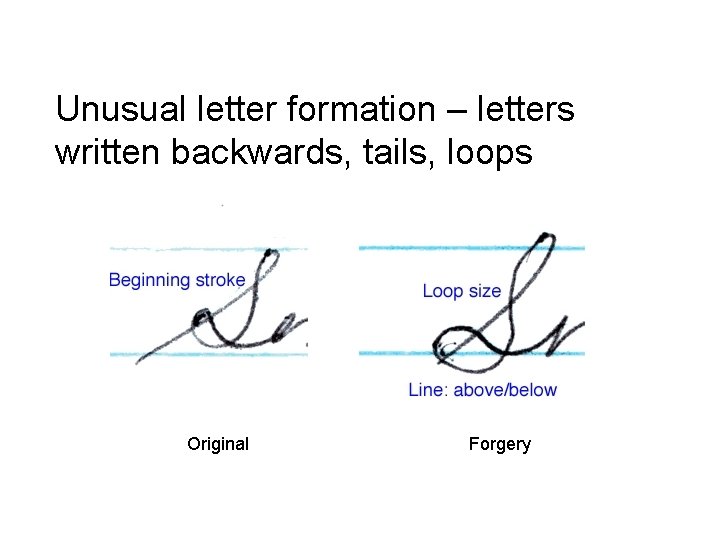 Unusual letter formation – letters written backwards, tails, loops Original Forgery 