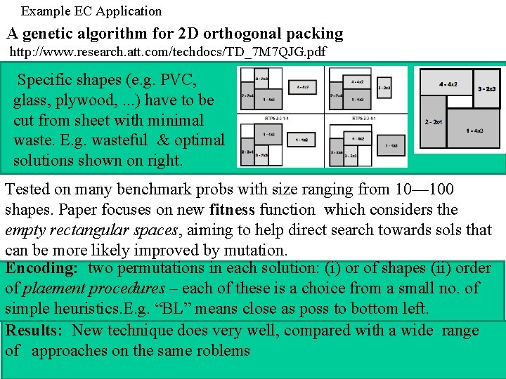 Example EC Application A genetic algorithm for 2 D orthogonal packing http: //www. research.