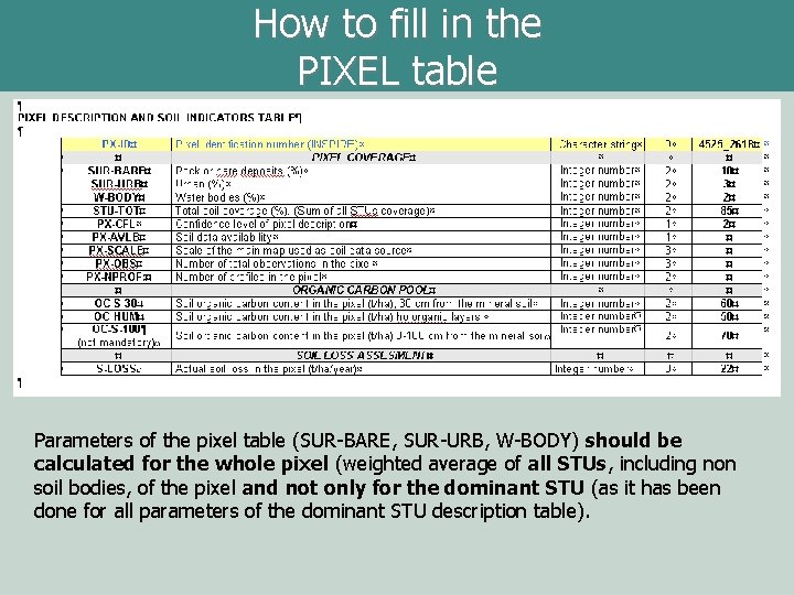 How to fill in the PIXEL table Parameters of the pixel table (SUR-BARE, SUR-URB,
