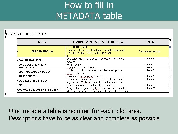 How to fill in METADATA table One metadata table is required for each pilot