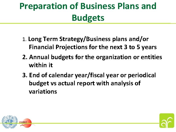 Preparation of Business Plans and Budgets 1. Long Term Strategy/Business plans and/or Financial Projections