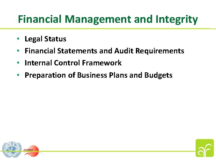 Financial Management and Integrity • • Legal Status Financial Statements and Audit Requirements Internal