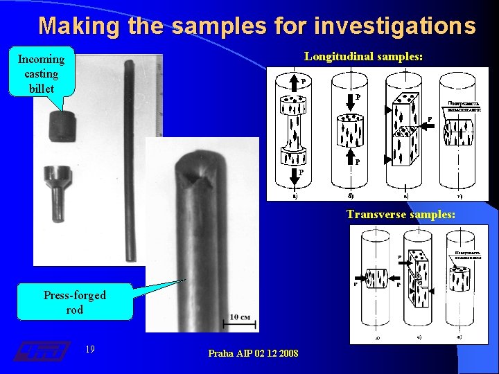 Making the samples for investigations Longitudinal samples: Incoming casting billet Transverse samples: Press-forged rod